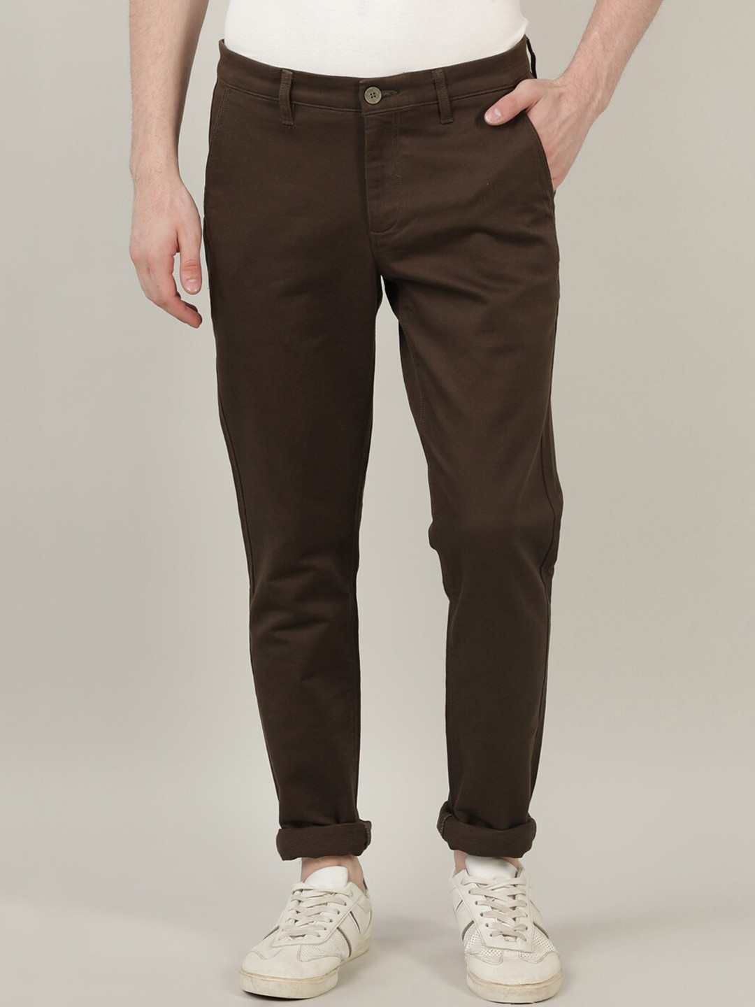 

Crocodile Men Olive Green Solid Smart Slim Fit Cotton Chinos Trousers