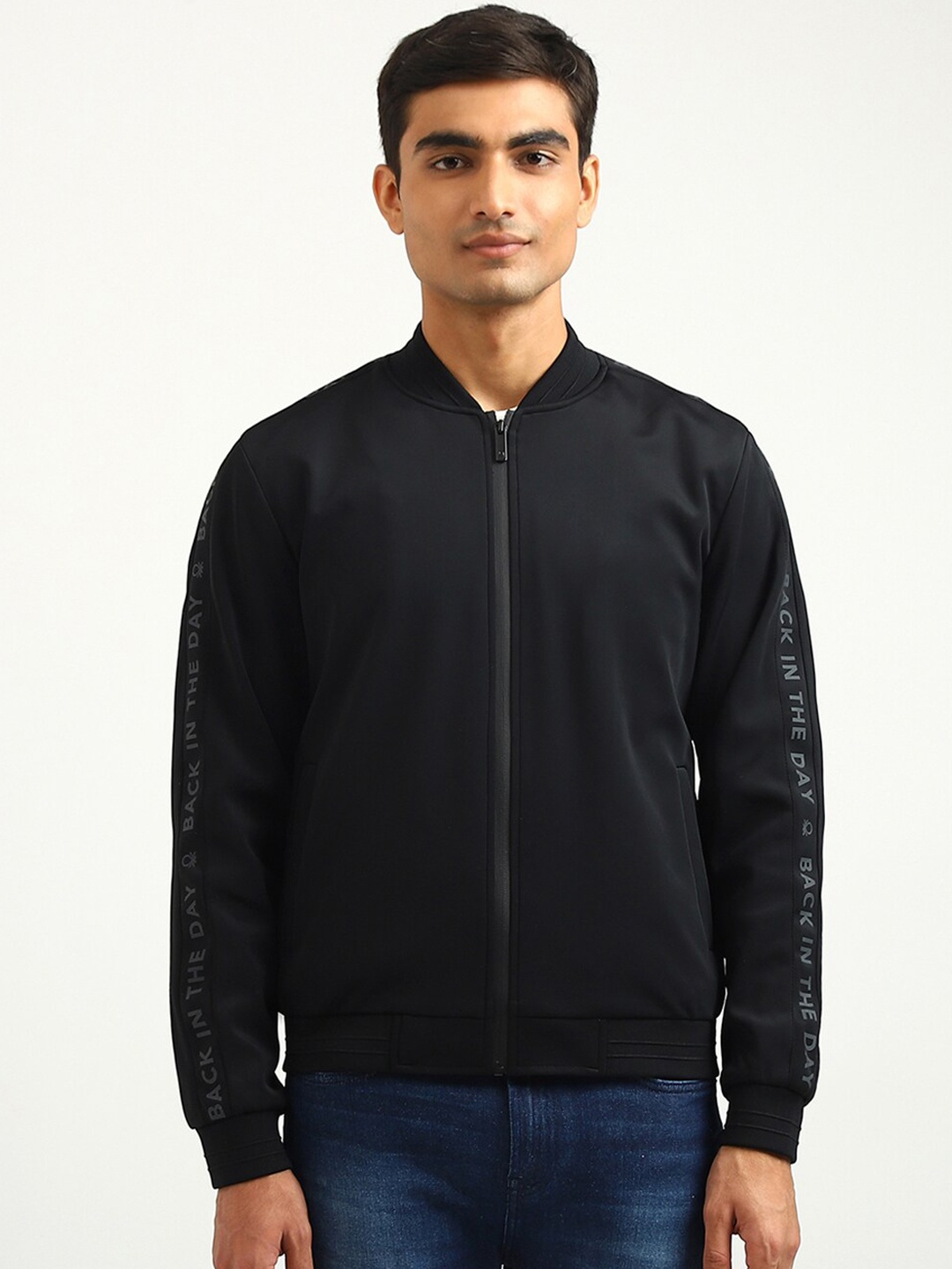 

United Colors of Benetton Men Black Bomber Stand-up Collar