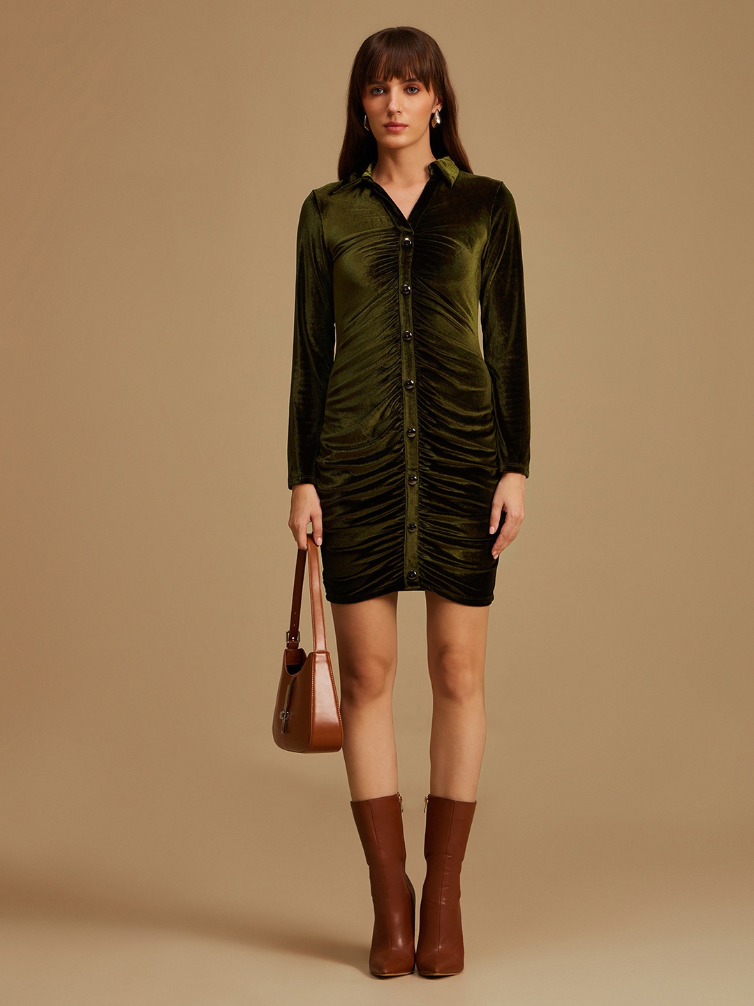 

Kazo Olive Green Velvet Bodycon Dress