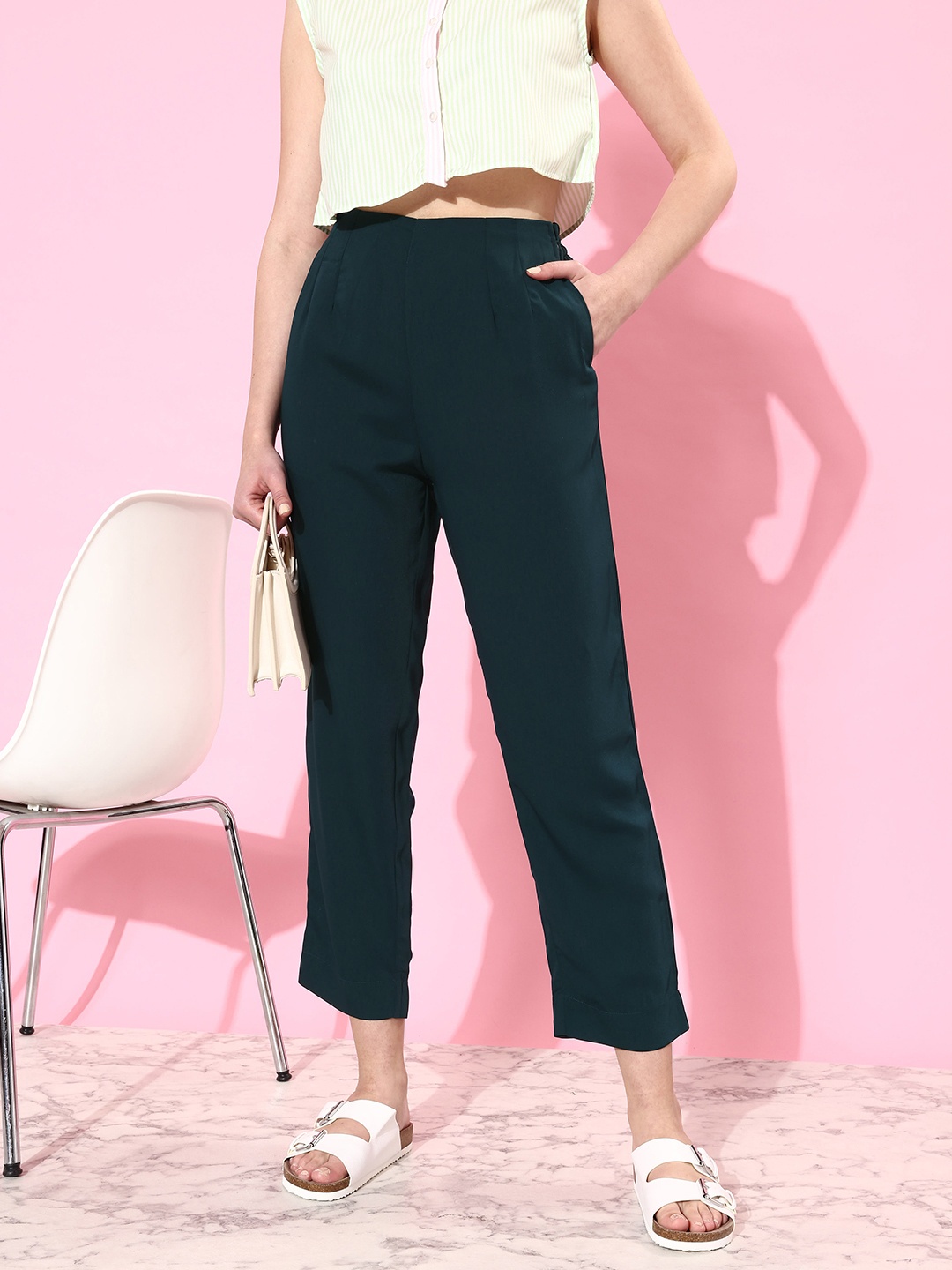 

Dressberry Women Olive Green Solid High-Rise Pleated Regular Trousers