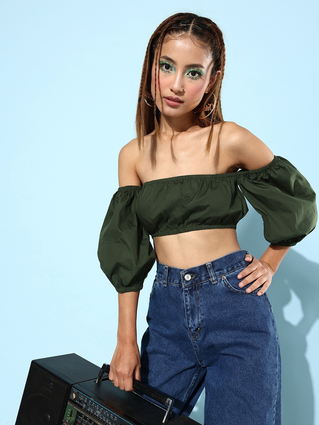 

DressBerry Off-Shoulder Pure Cotton Crop Top, Olive