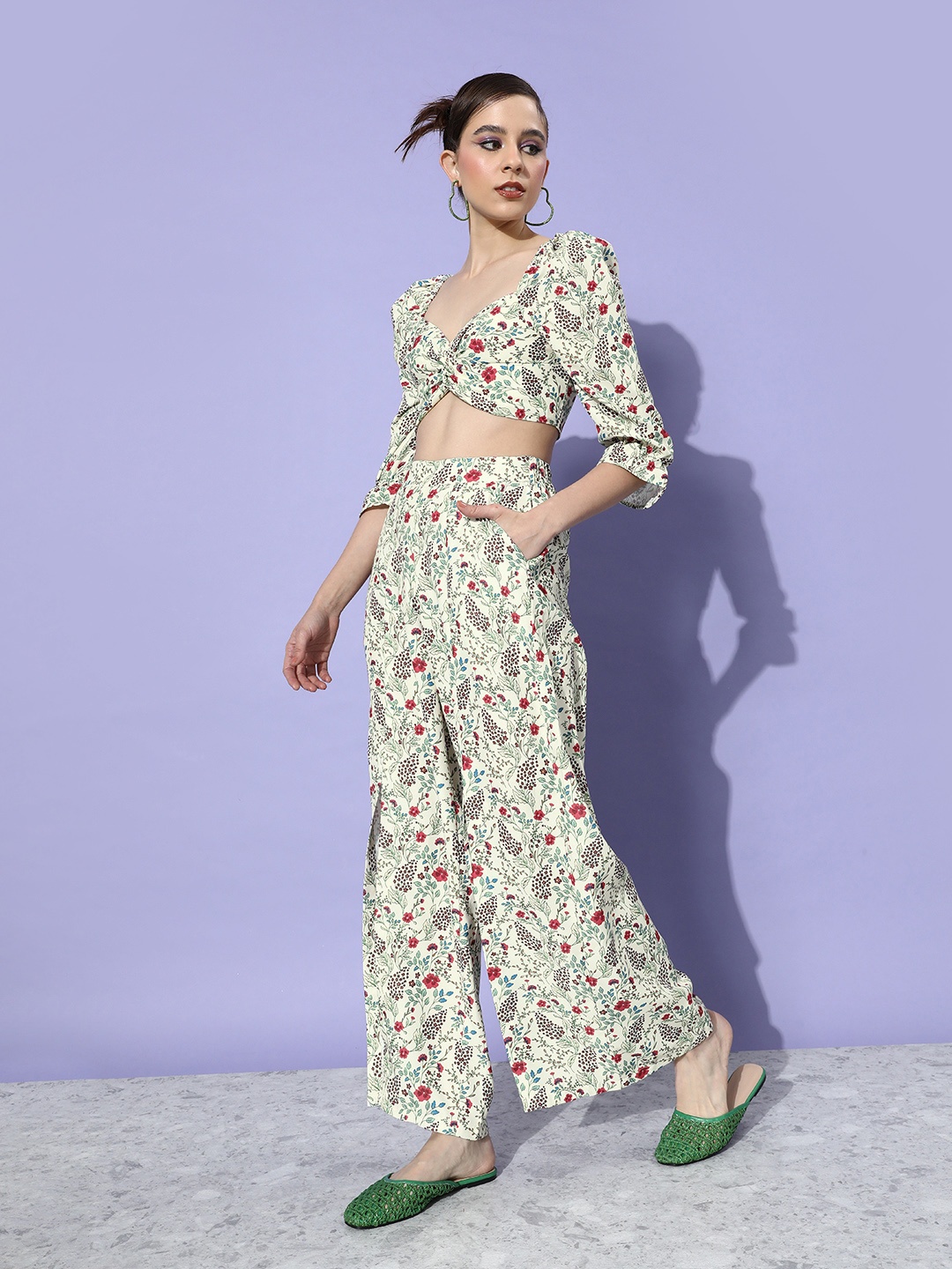 

DressBerry Floral Printed Smocked Crop Top With Slit Detail Printed Trouser, Yellow
