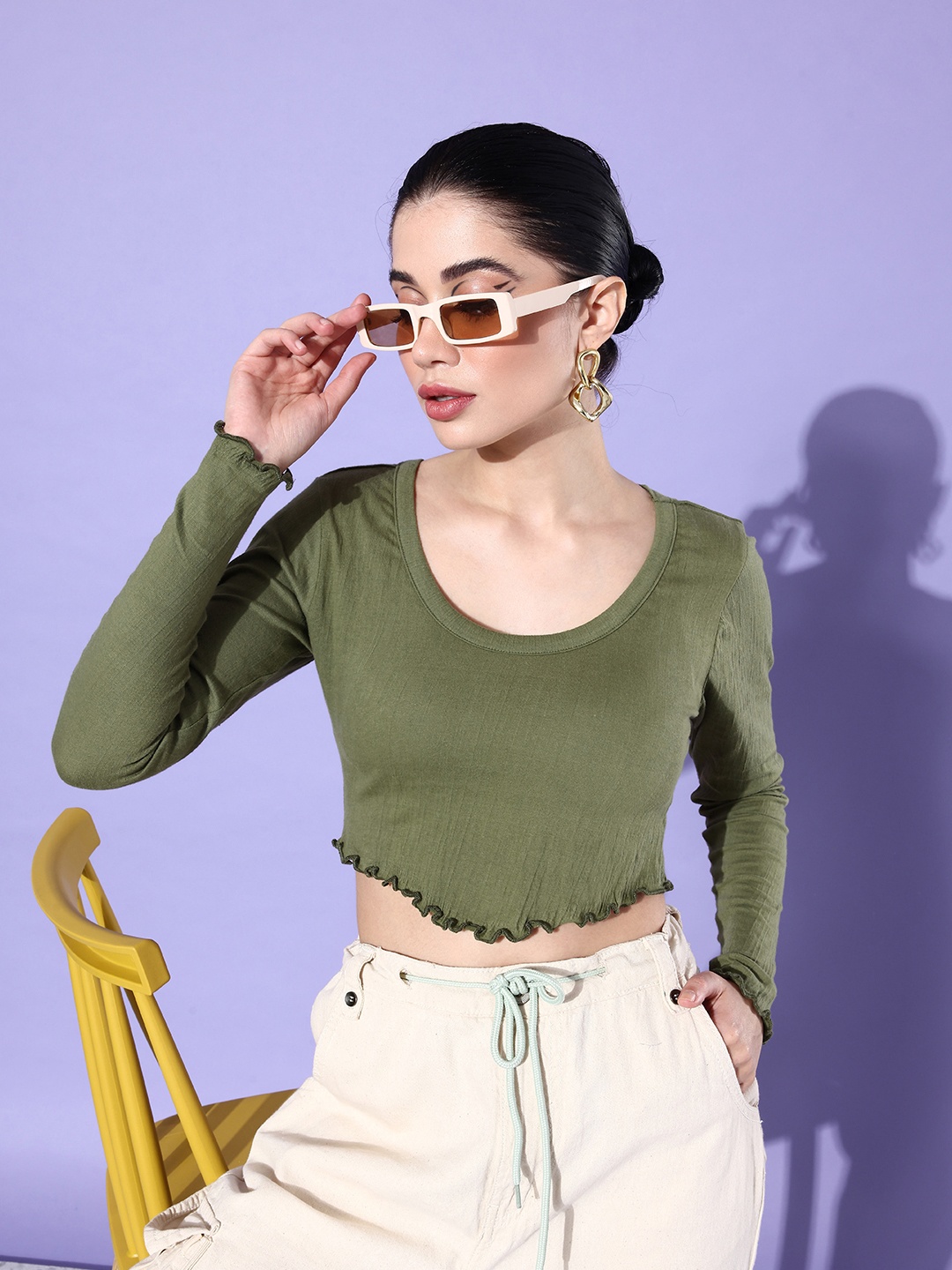 

DressBerry Round Neck Pure Cotton Crop Top, Olive