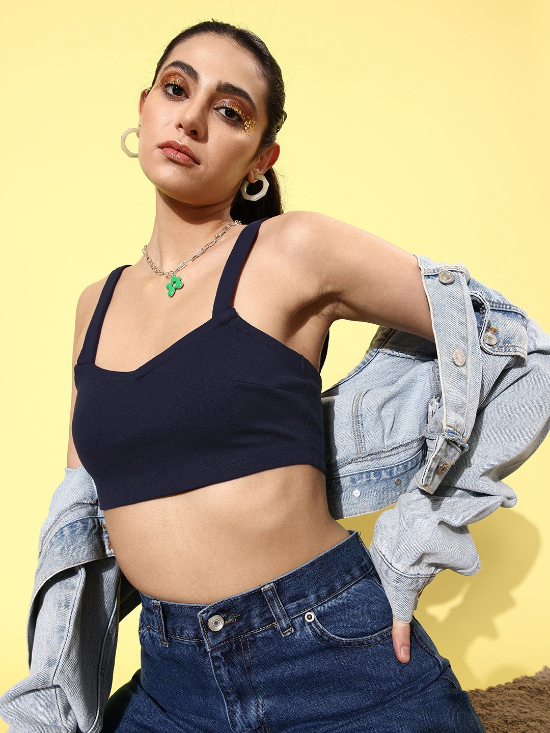 

DressBerry Solid Pure Cotton Bralette Crop Top, Navy blue