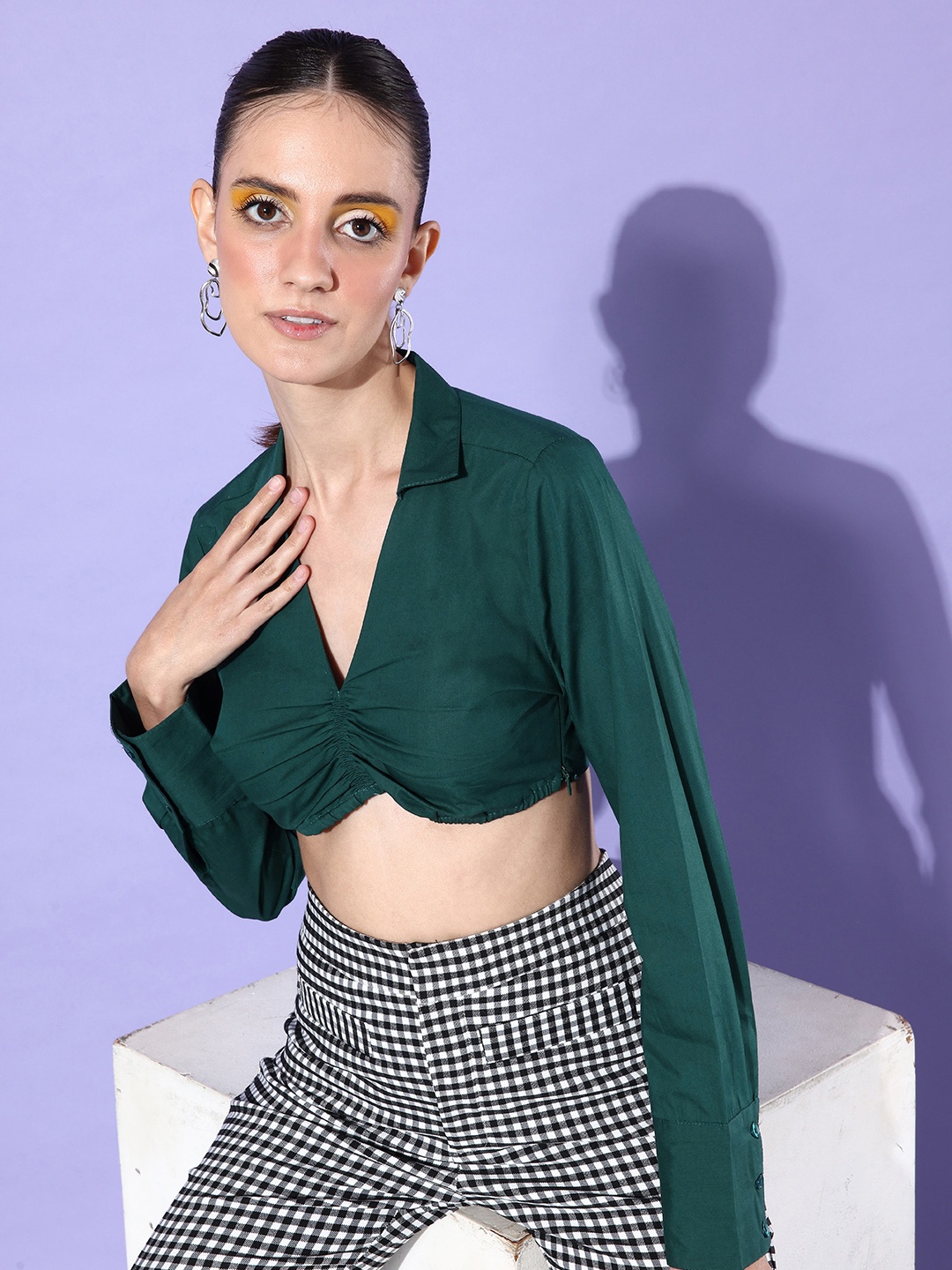 

DressBerry Solid Shirt Style Pure Cotton Crop Top, Green