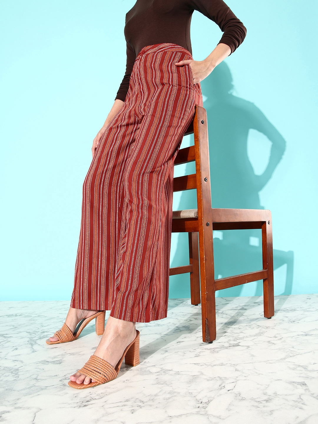 

DressBerry Women Rust Brown Striped High-Rise Wrinkle Free Trousers