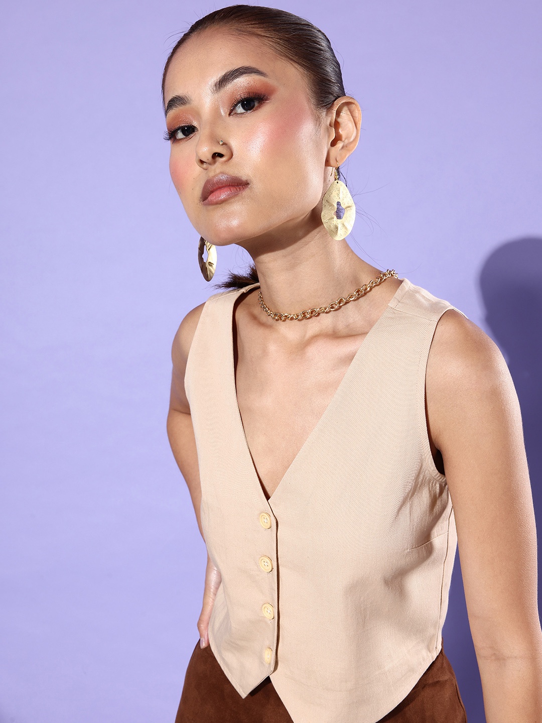 

4WRD by Dressberr Pure Cotton V Neck Shirt Style Crop Top, Beige