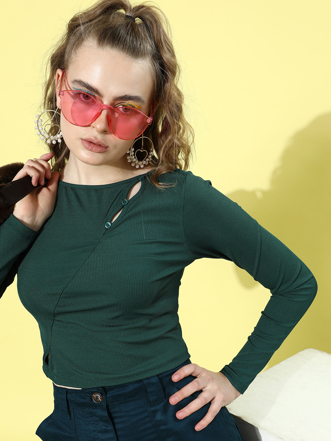 

Dressberry Round Neck Cut-Out Detail Fitted Top, Green