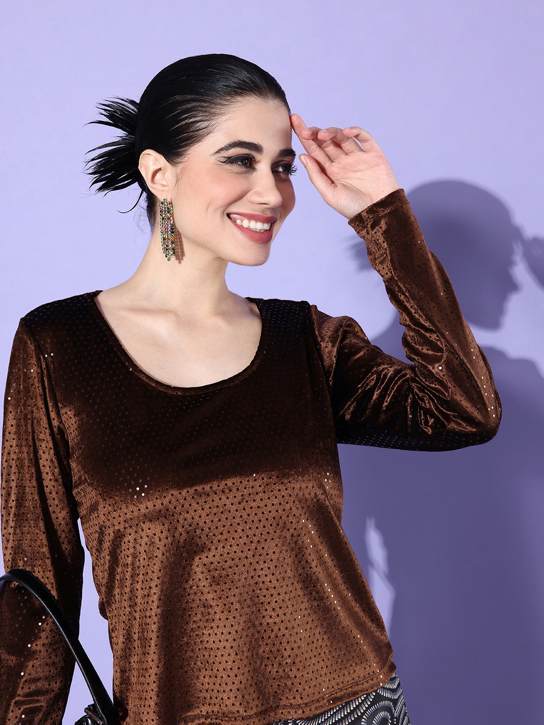 

DressBerry Round Neck Embellished Velvet Top, Brown