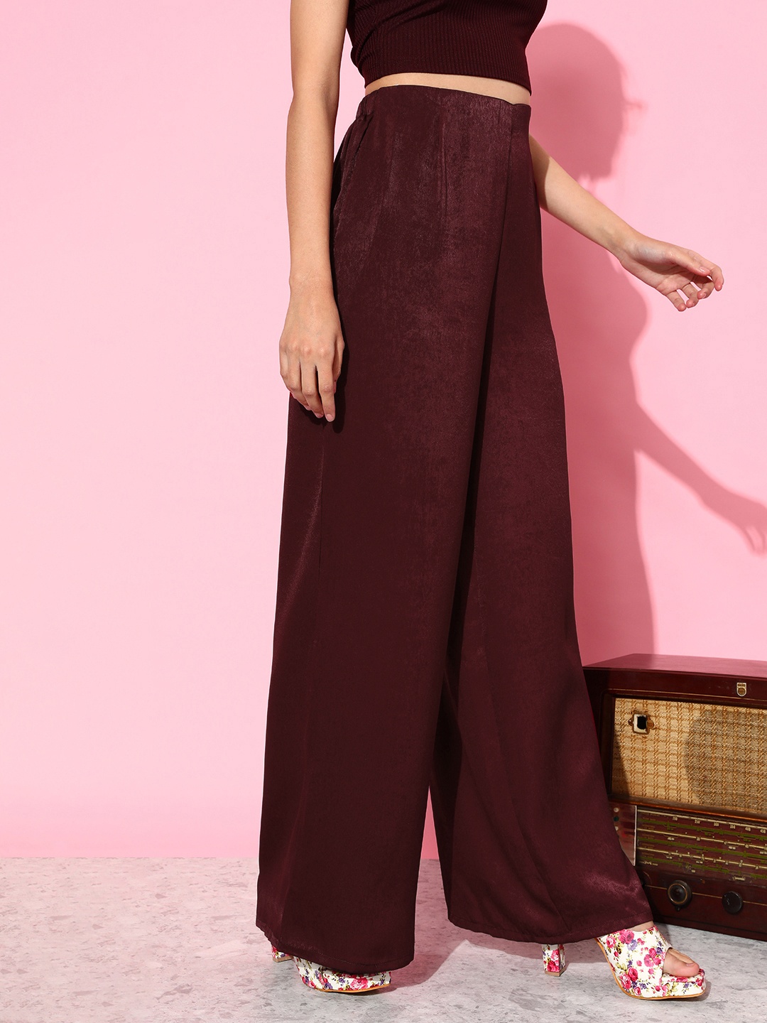 

DressBerry Women Solid Flared High-Rise Trousers, Maroon