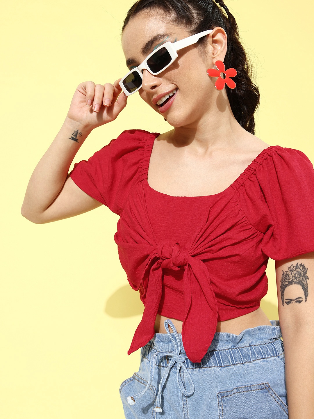 

DressBerry Pure Cotton Off-Shoulder Smocked Crop Top With Tie Ups Detail, Red