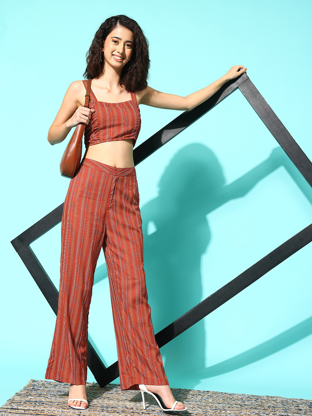 

4WRD by Dressberry Women Beaut' Brick Red Striped Tie-Up Back Co-Ords