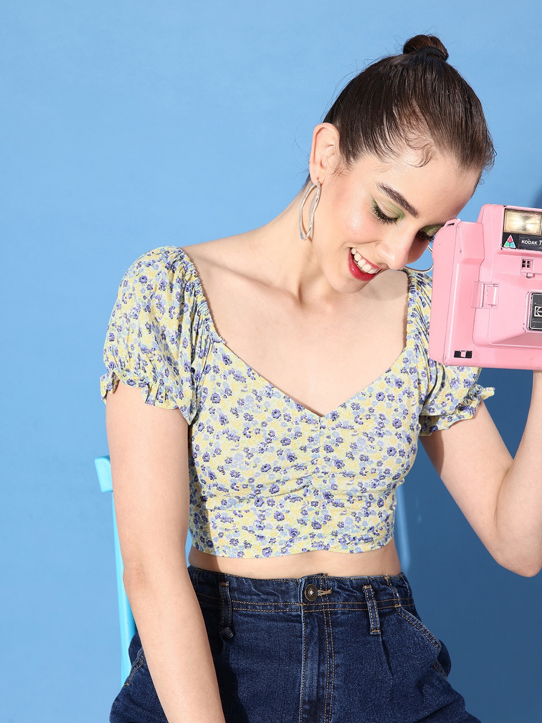 

DressBerry Floral Print Sweetheart Neck Crop Top With Waist Tie-Ups, Multi