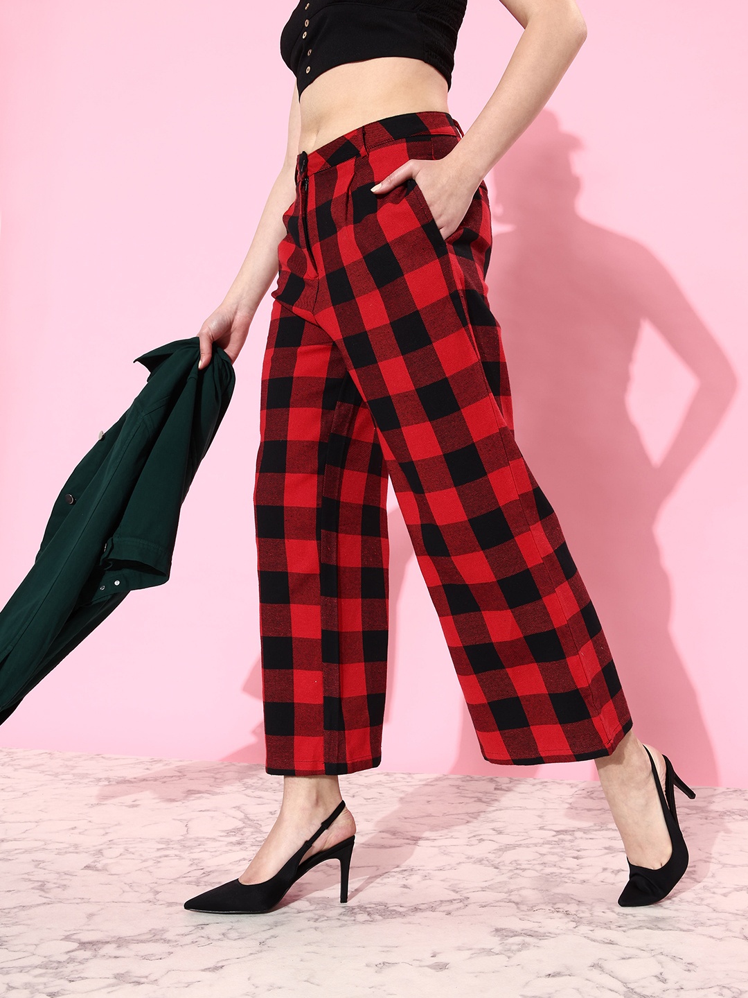 

Dressberry Women Pure Cotton Bright Red Checked Flared Mid-rise Regular Trousers