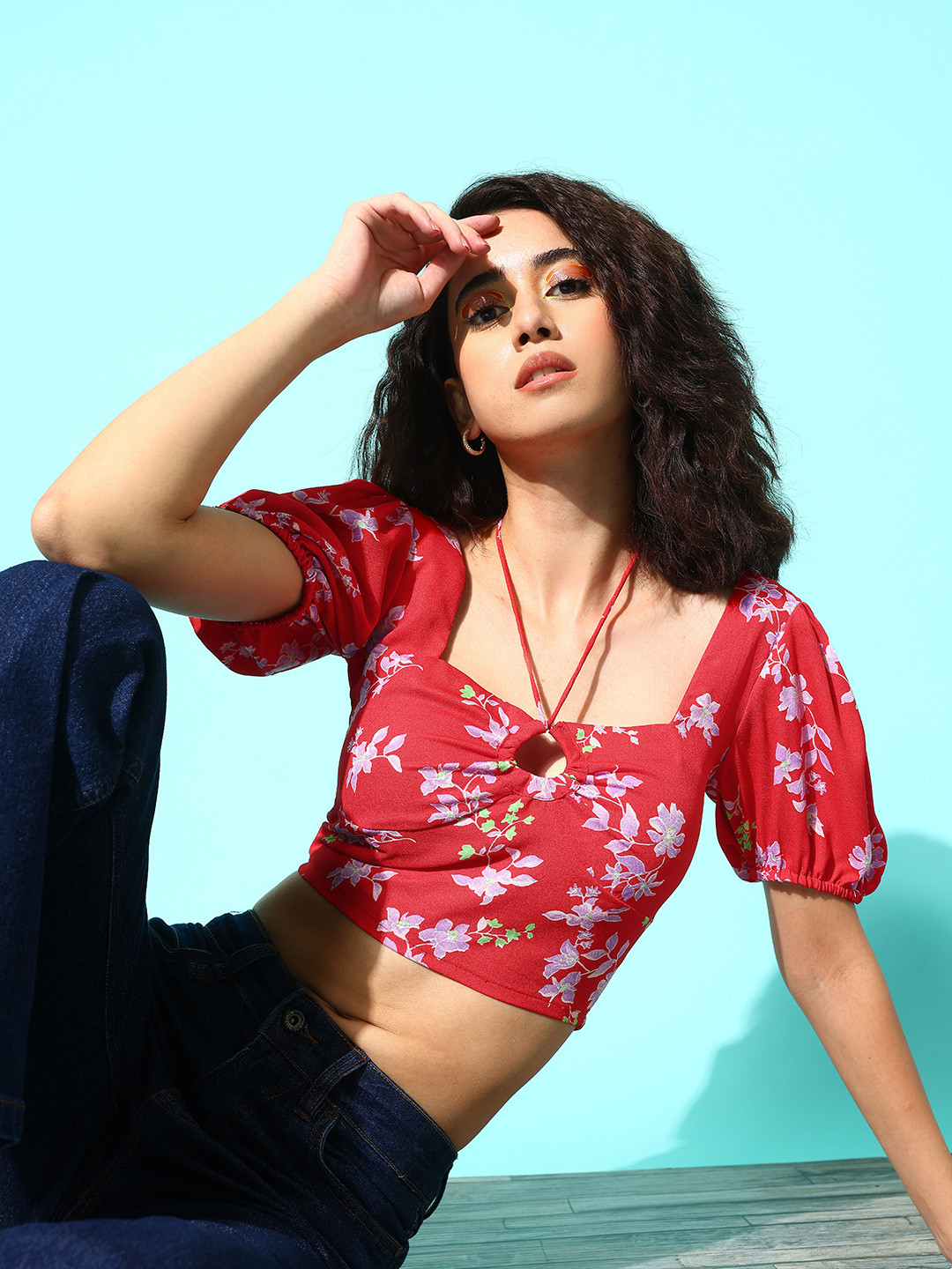 

4WRD by Dressberry Floral Print Halter Neck Crop Top, Red