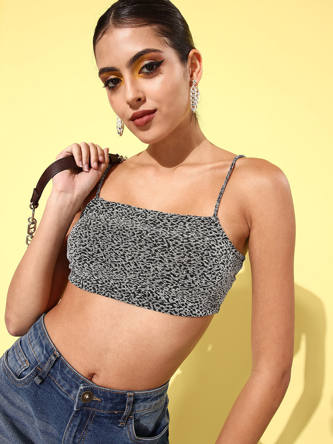 

DressBerry Women Black & Silver-Toned Self-Design Crop Bralette Top