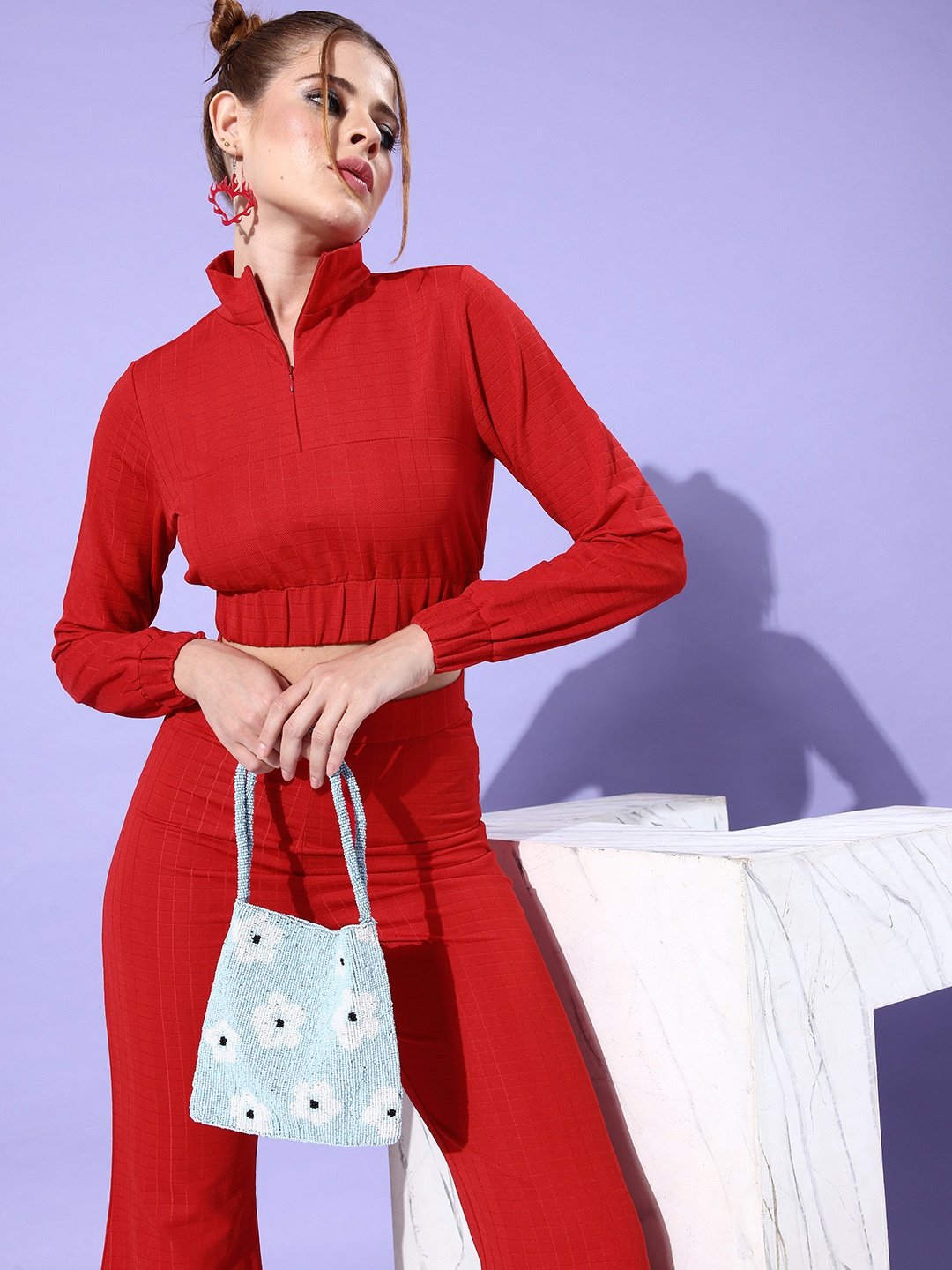

DressBerry Women Checked High Neck Crop Top With Trousers, Red