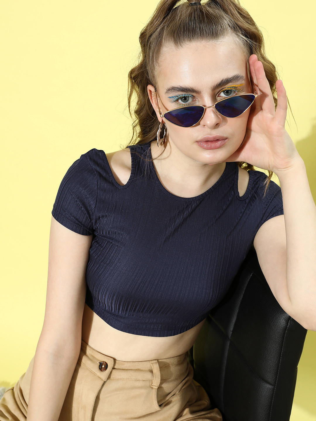 

Dressberry Striped Crop Top With Cut Outs Detail, Navy blue