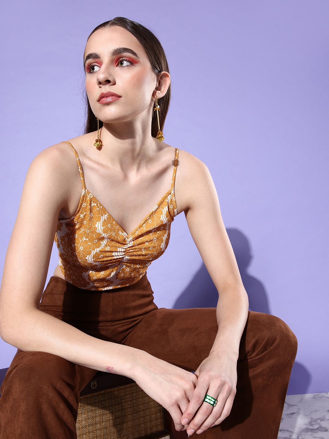 

DressBerry Women Printed Twisted Ruched Sleeveless Crop Top, Mustard