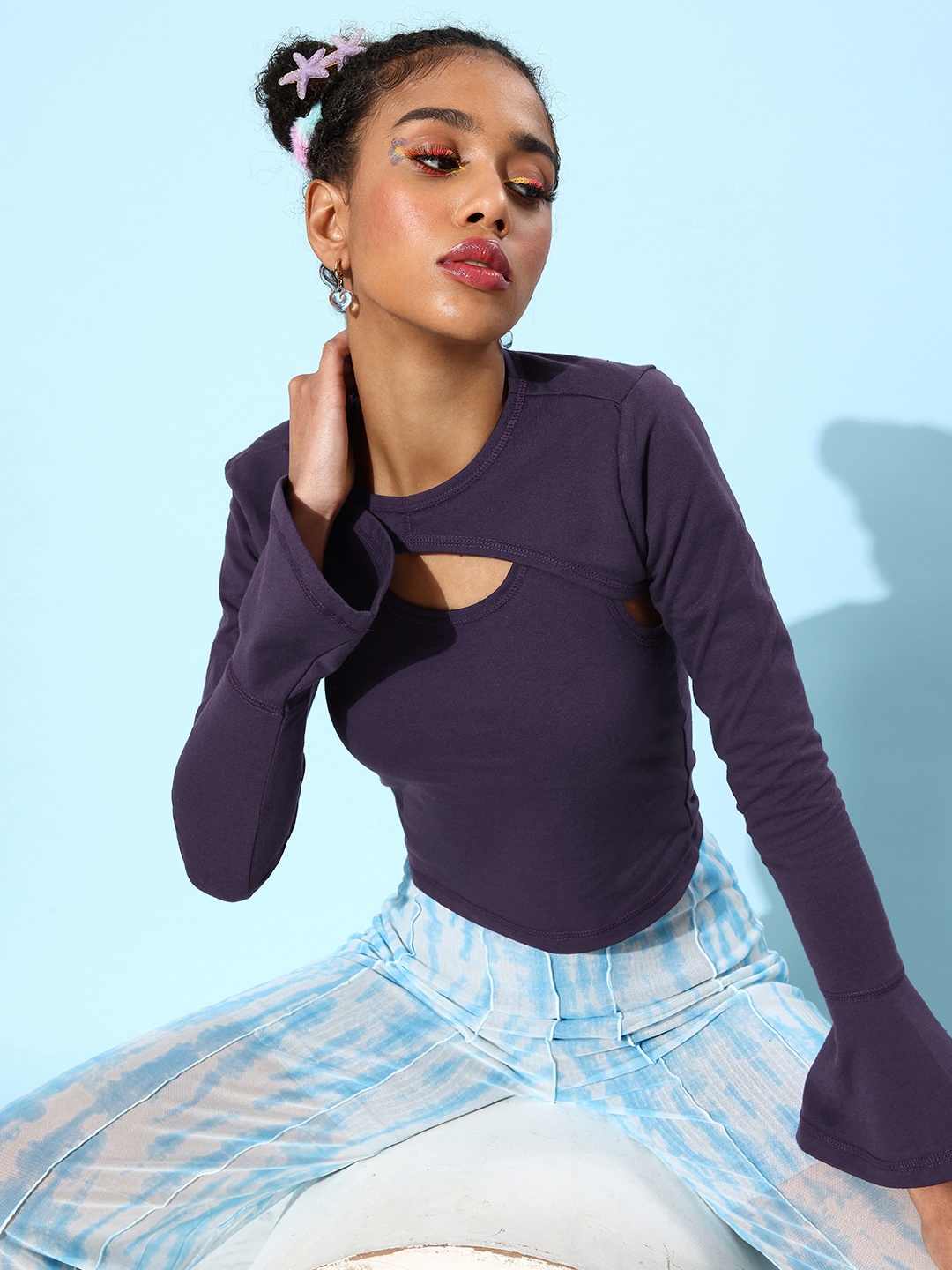 

DressBerry Pure Cotton Tank Top With Extra Crop Bell Sleeves Top, Purple
