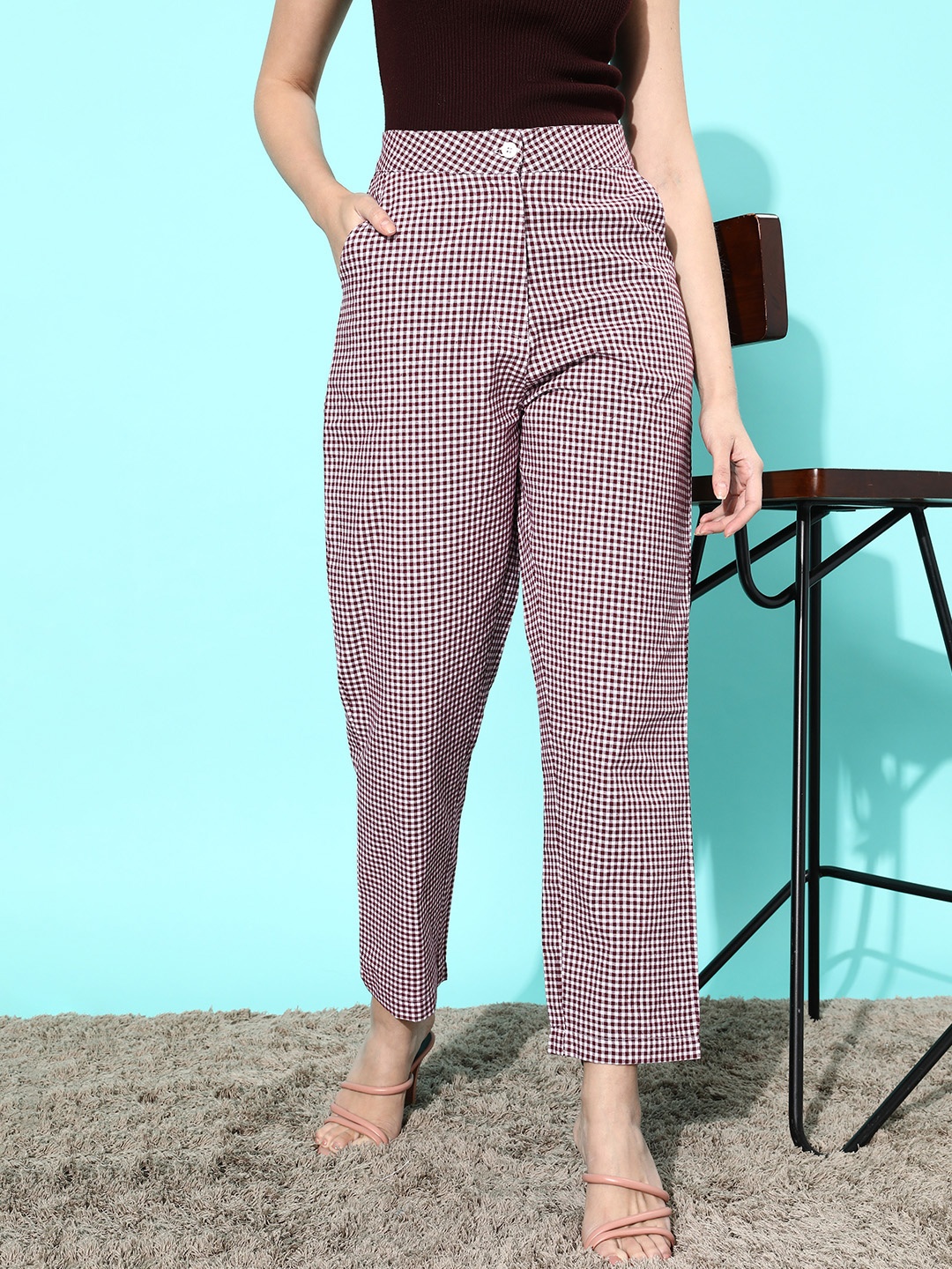

DressBerry Women Pure Cotton Checked Trousers, Burgundy