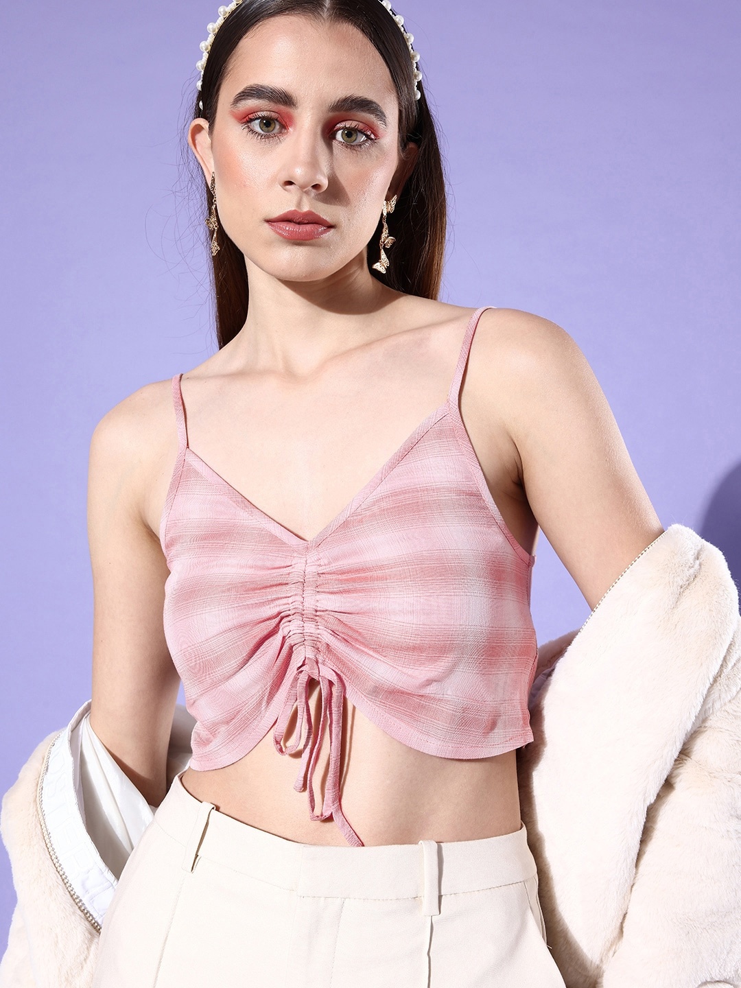 

Dressberry Women Checked Pure Cotton Bralette Crop Top With Waist Tie-ups, Pink