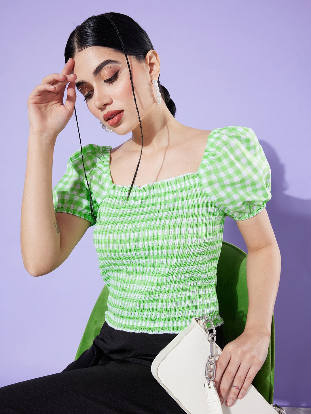 

4WRD by Dressberry Checked Smocked Pure Cotton Top, Green