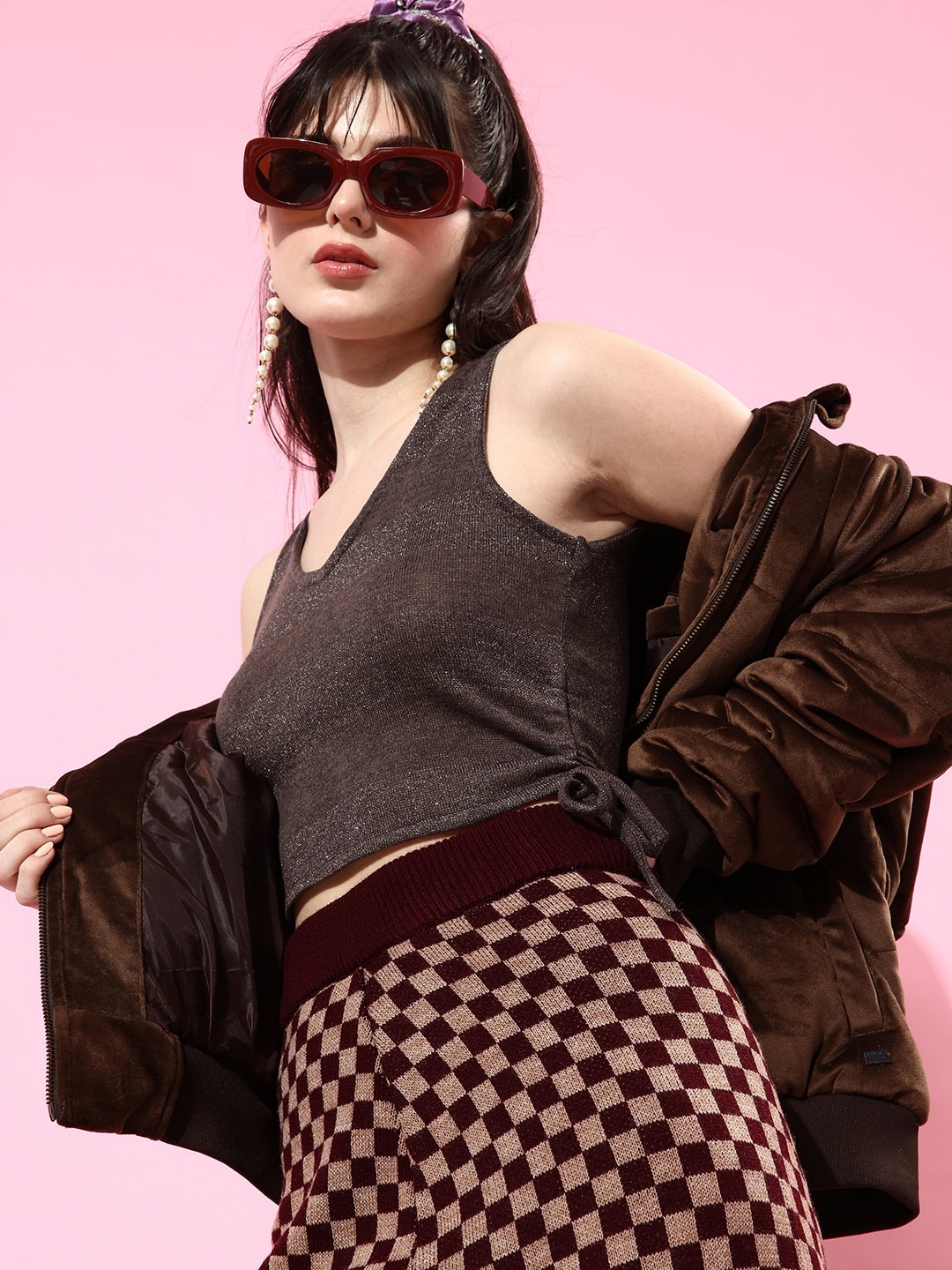

DressBerry Coffee Brown Striped Fitted Crop Top With Tie-Up Detail