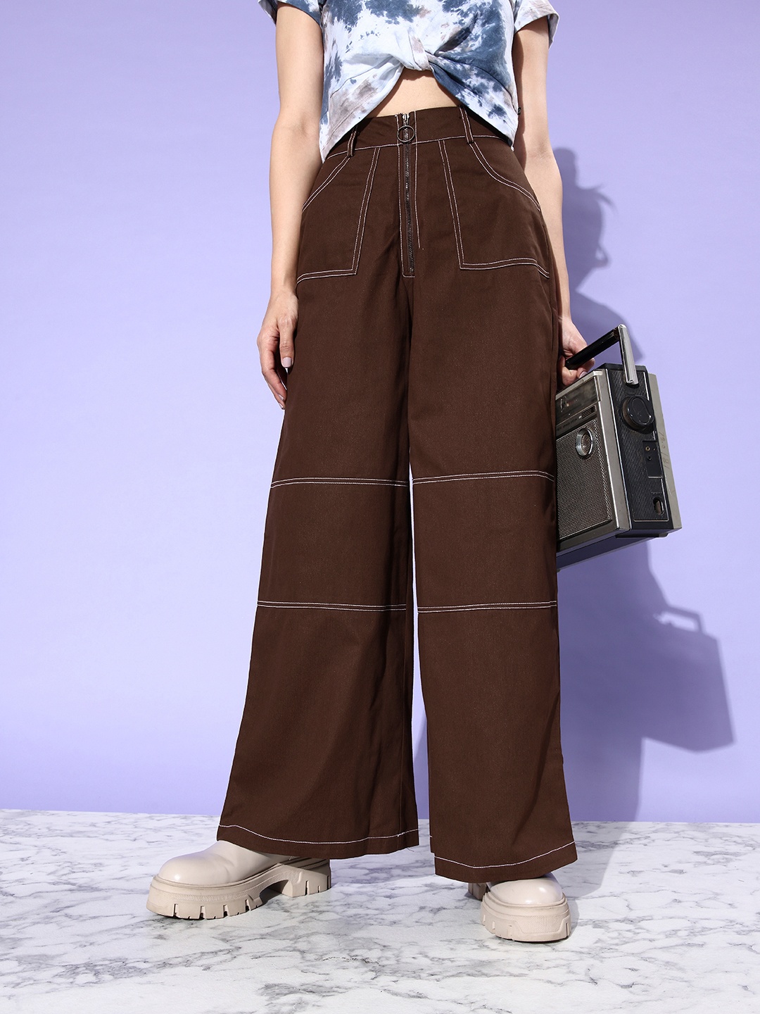 

DressBerry Women Coffee Brown Pure Cotton Parallel Trousers