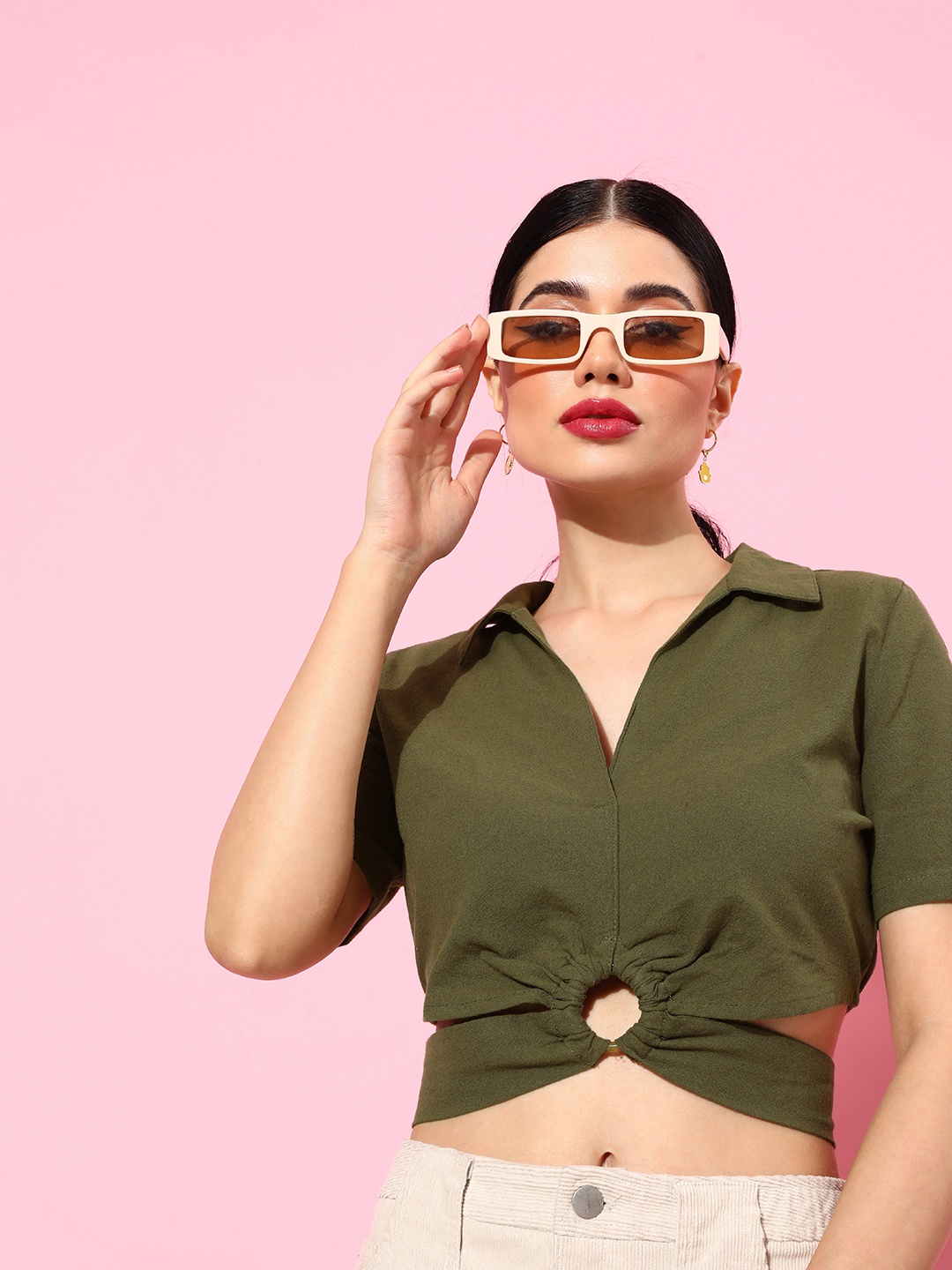 

DressBerry Pure Cotton Shirt Style Crop Top with Tie-Ups, Olive