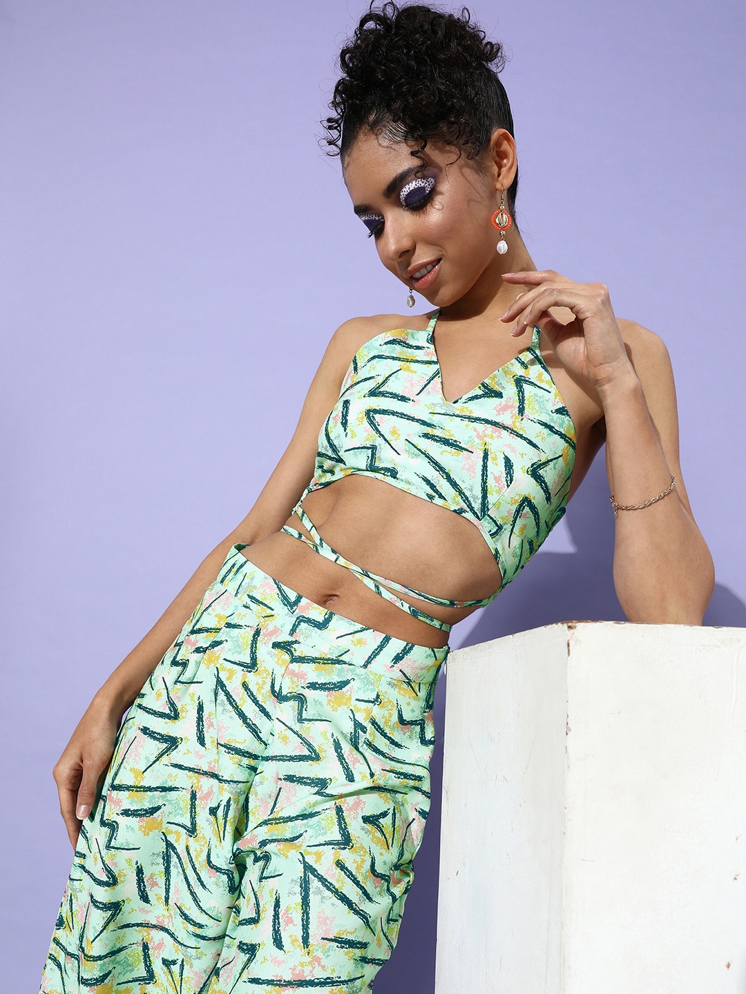 

DressBerry Abstract Printed Smocked Crop Top With Printed Trouser, Green