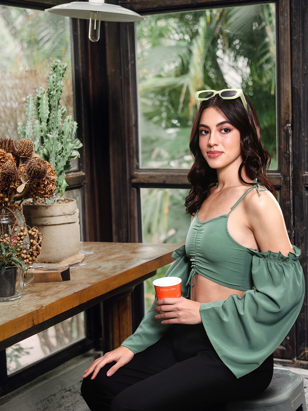 

4WRD by Dressberry Solid Shoulder Straps Flared Sleeves Ruched Crop Top, Green