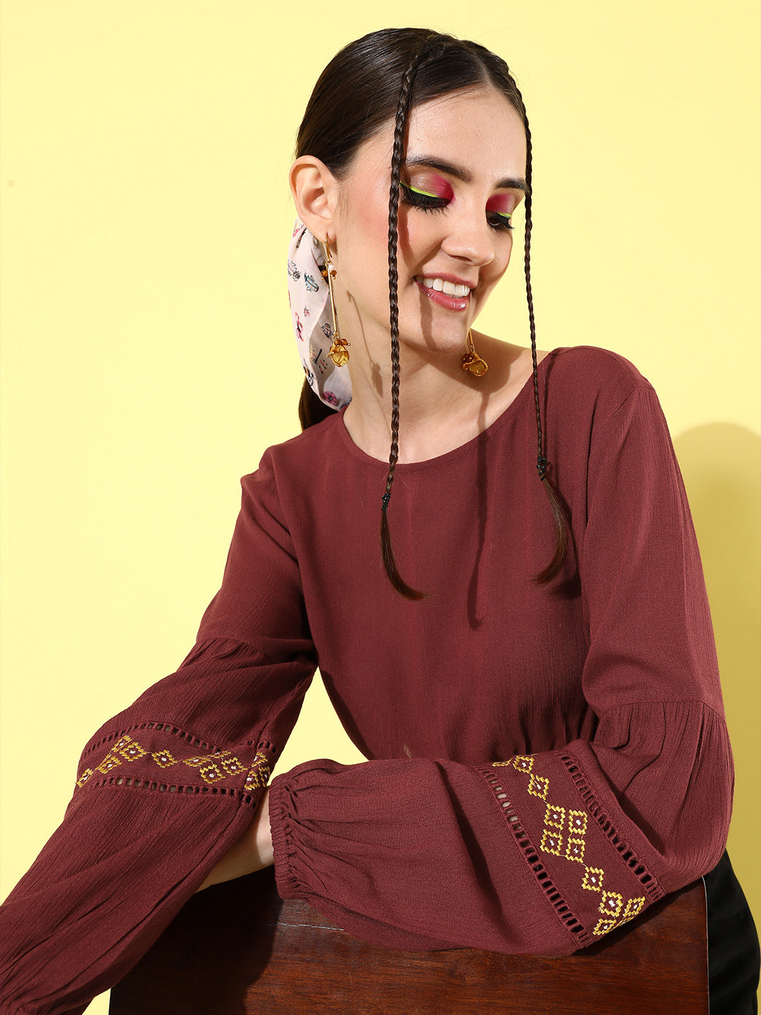 

Dressberry Bishop Sleeves Crop Top, Maroon
