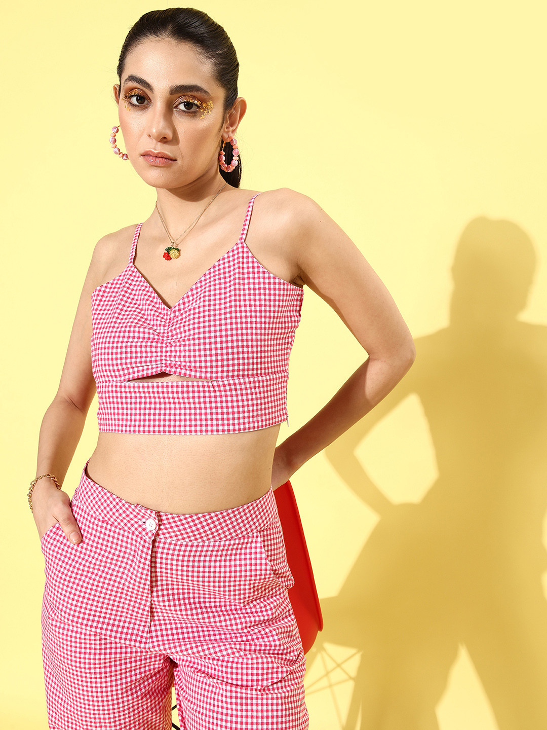 

DressBerry Women Pure Cotton Micro Checked Co-Ord Set, Pink