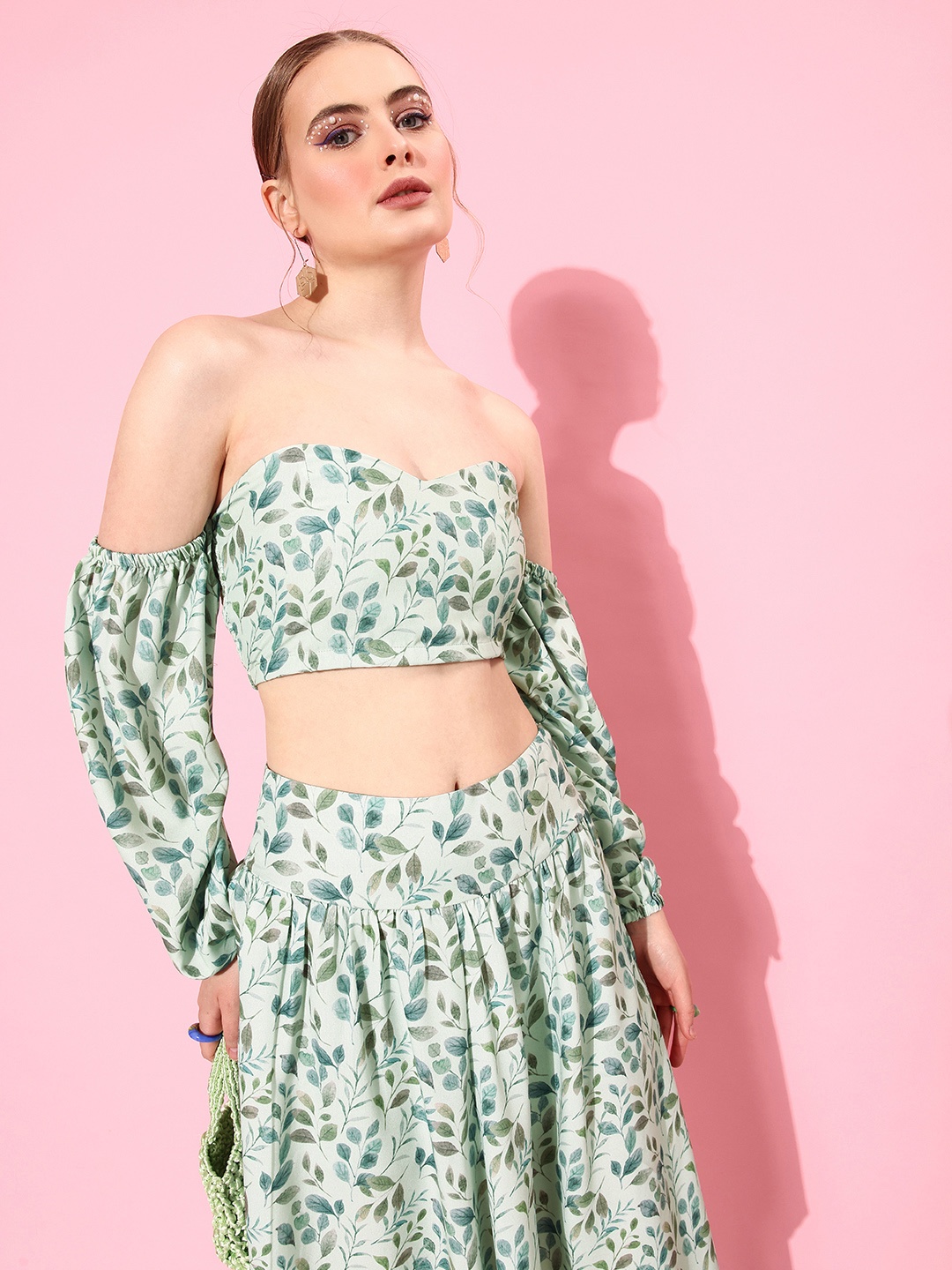 

DressBerry Women Tropical Printed Top & Skirt Co-Ords Set, Green