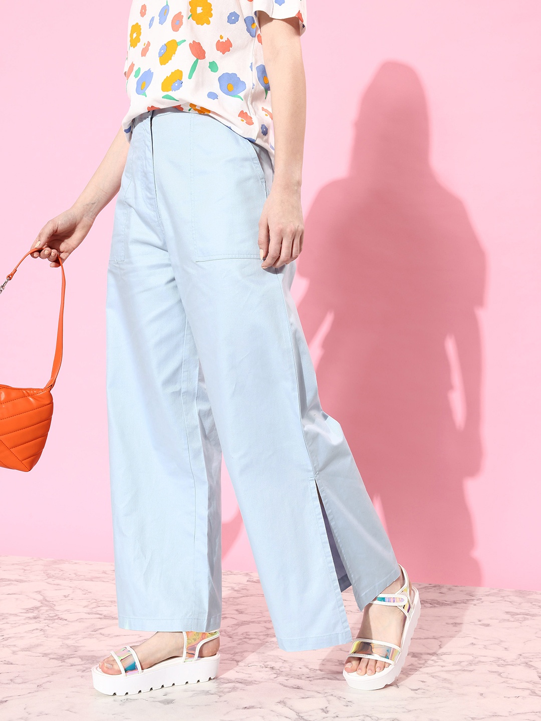 

DressBerry Women Pure Cotton Sky Blue Flared High-Rise Trousers With Slits