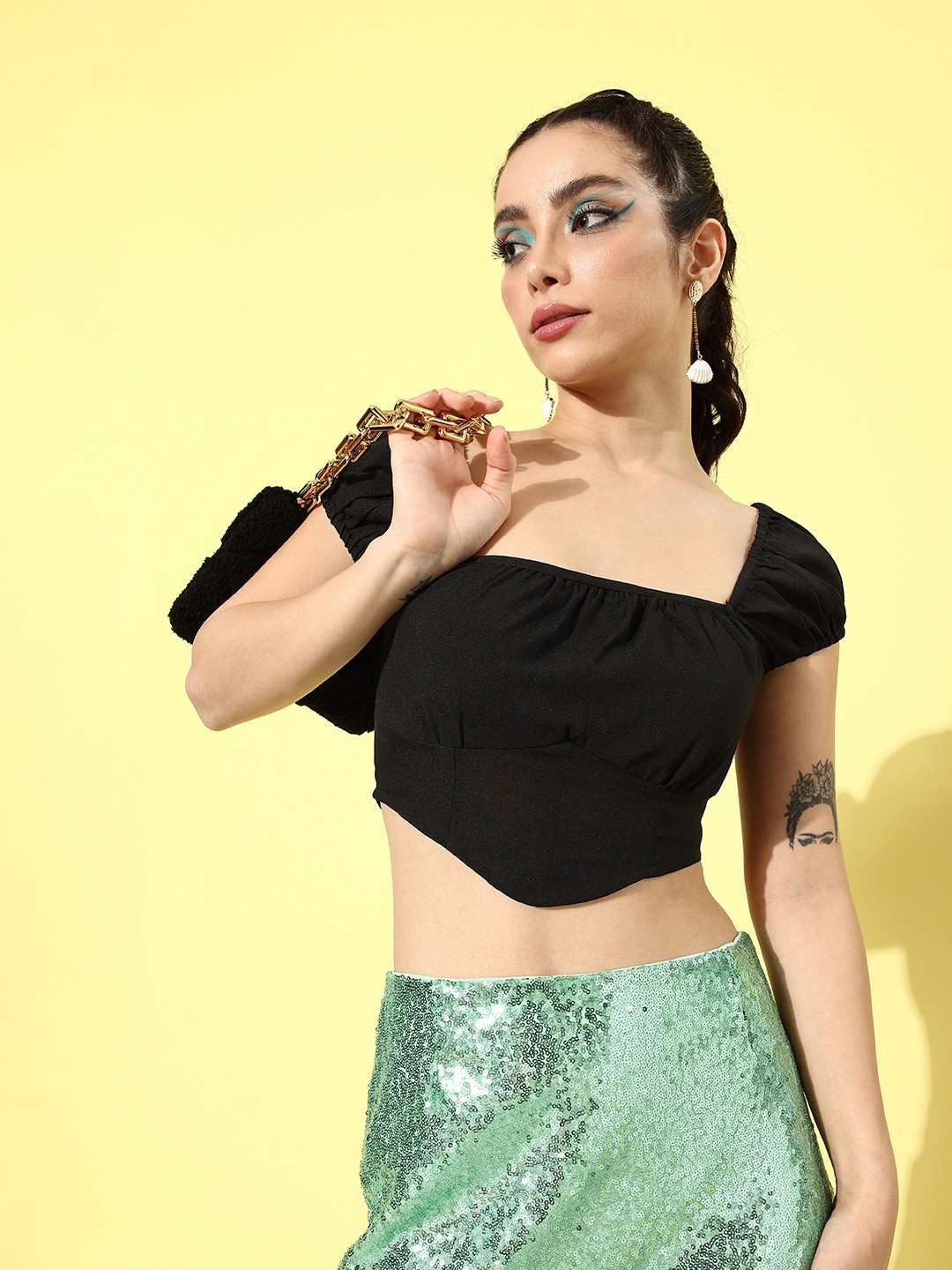 

DressBerry Puff Sleeves Smocked Crop Top, Black