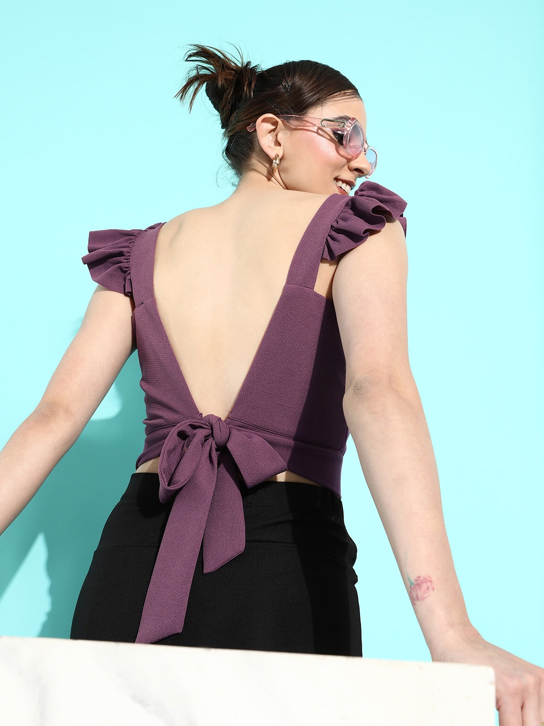 

DressBerry Dusty Berry Purple Styled Back Flutter Sleeves Crop Top
