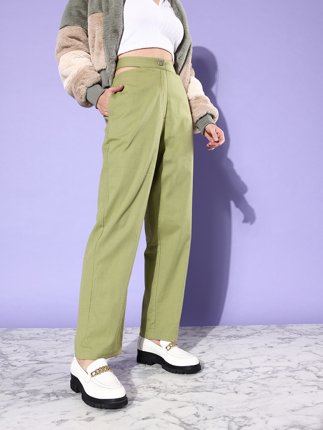 

DressBerry Women Pure Cotton Trousers with Cut Outs Detailing, Olive