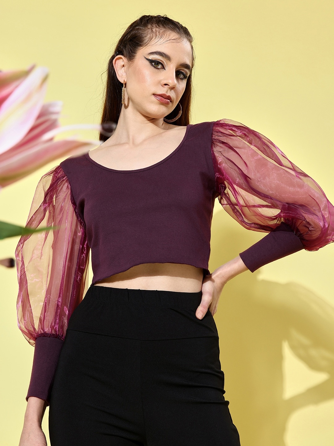 

DressBerry Solid Puff Sleeves Crop Top, Purple