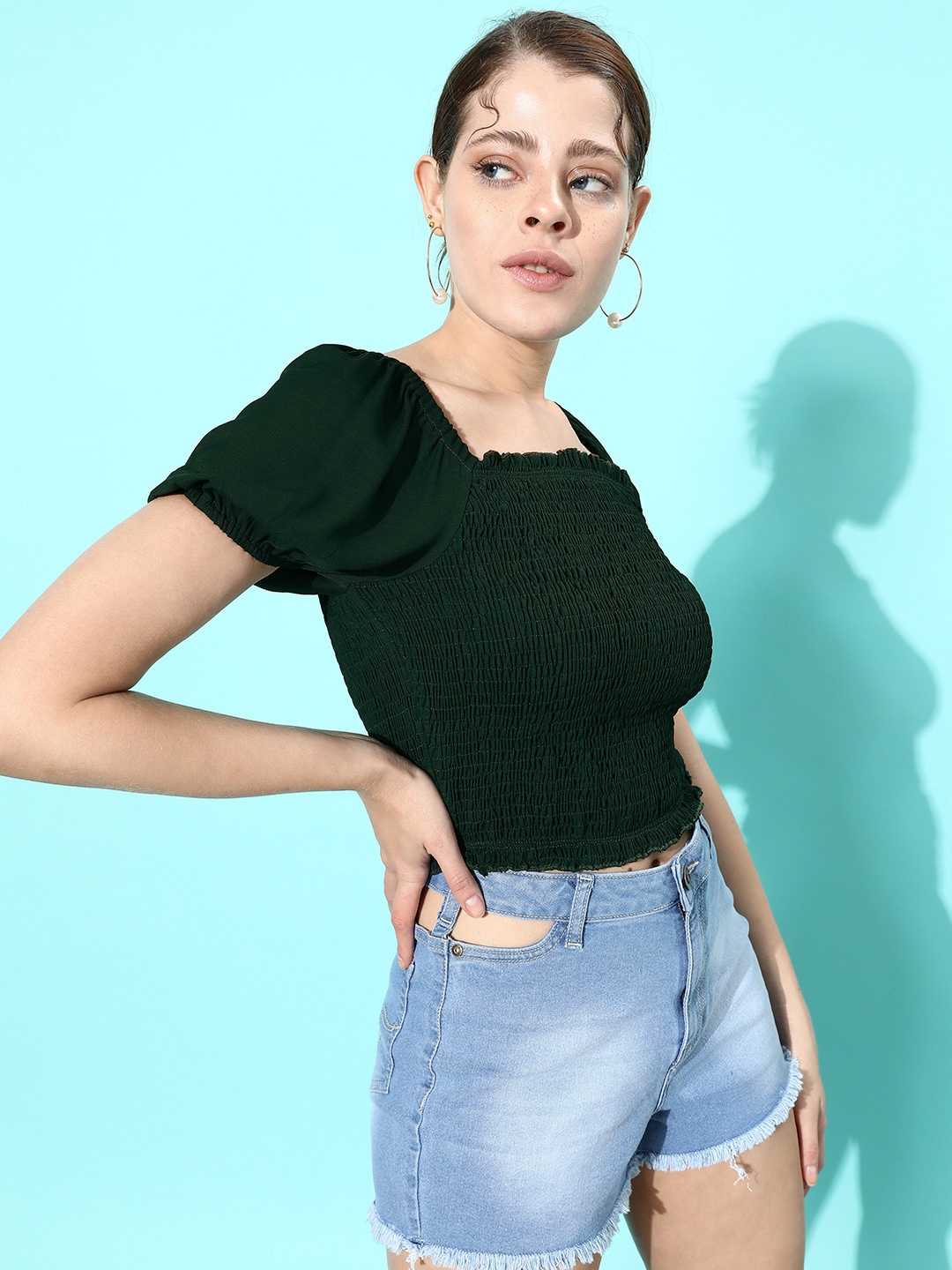 

Dressberry Women Square Neck Puff Sleeves Smocked Crop Top, Green