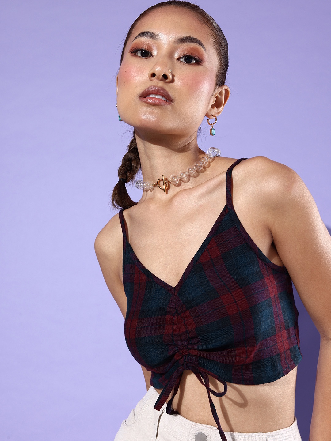 

DressBerry Pure Cotton Checked Bralette Crop Top With Waist Tie Ups Detail, Navy blue