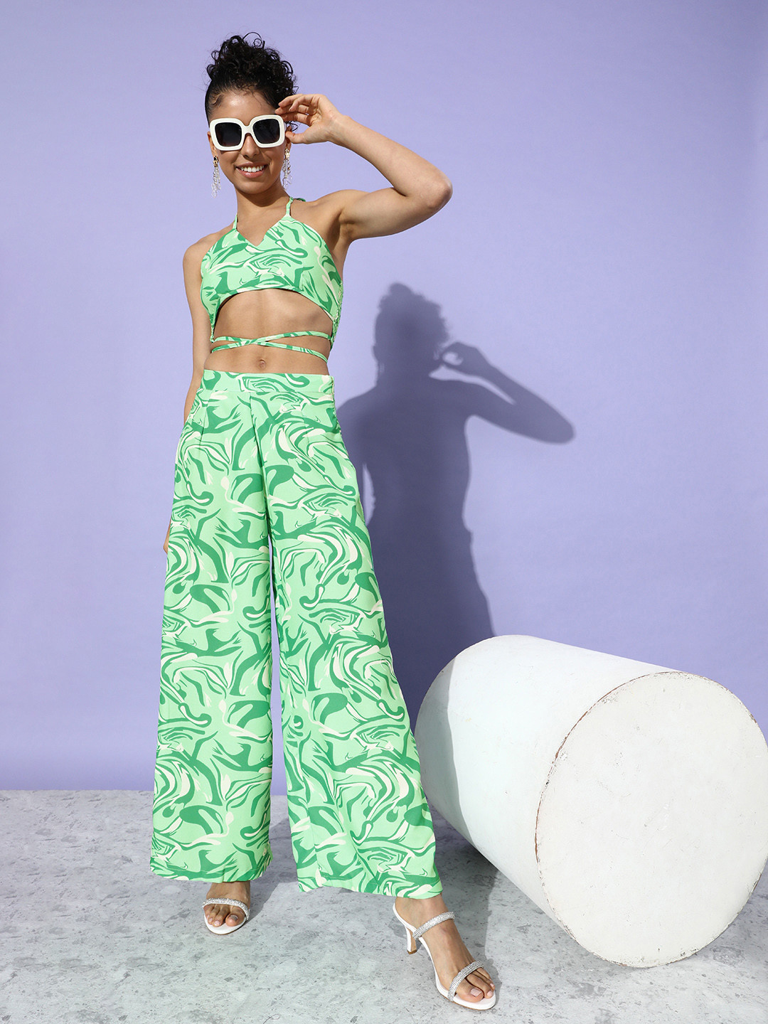 

DressBerry Abstract Printed Smocked Crop Top With Printed Trouser, Green