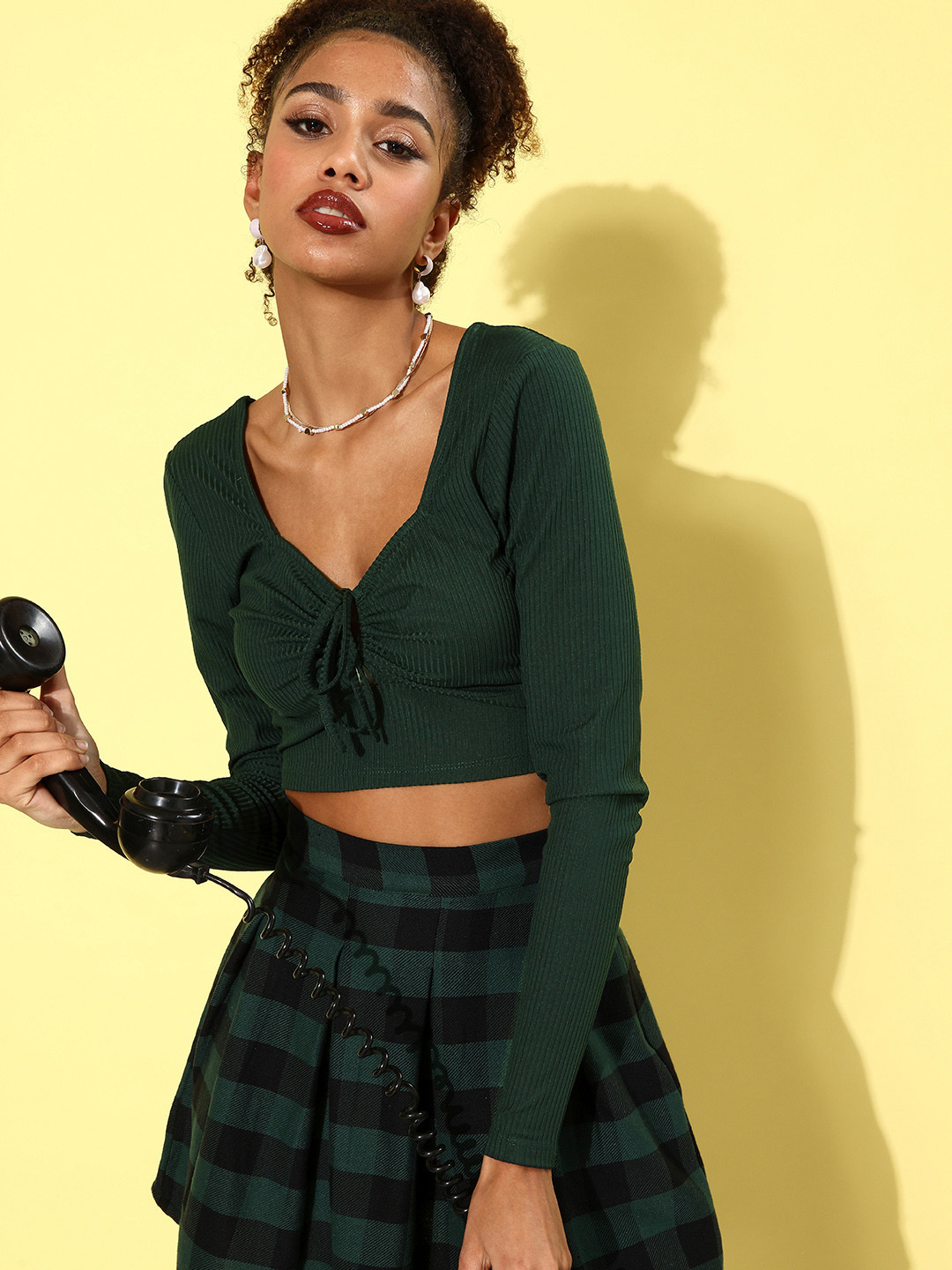 

DressBerry Scoop Neck With Tie-Up Detail Ribbed Crop Top, Green