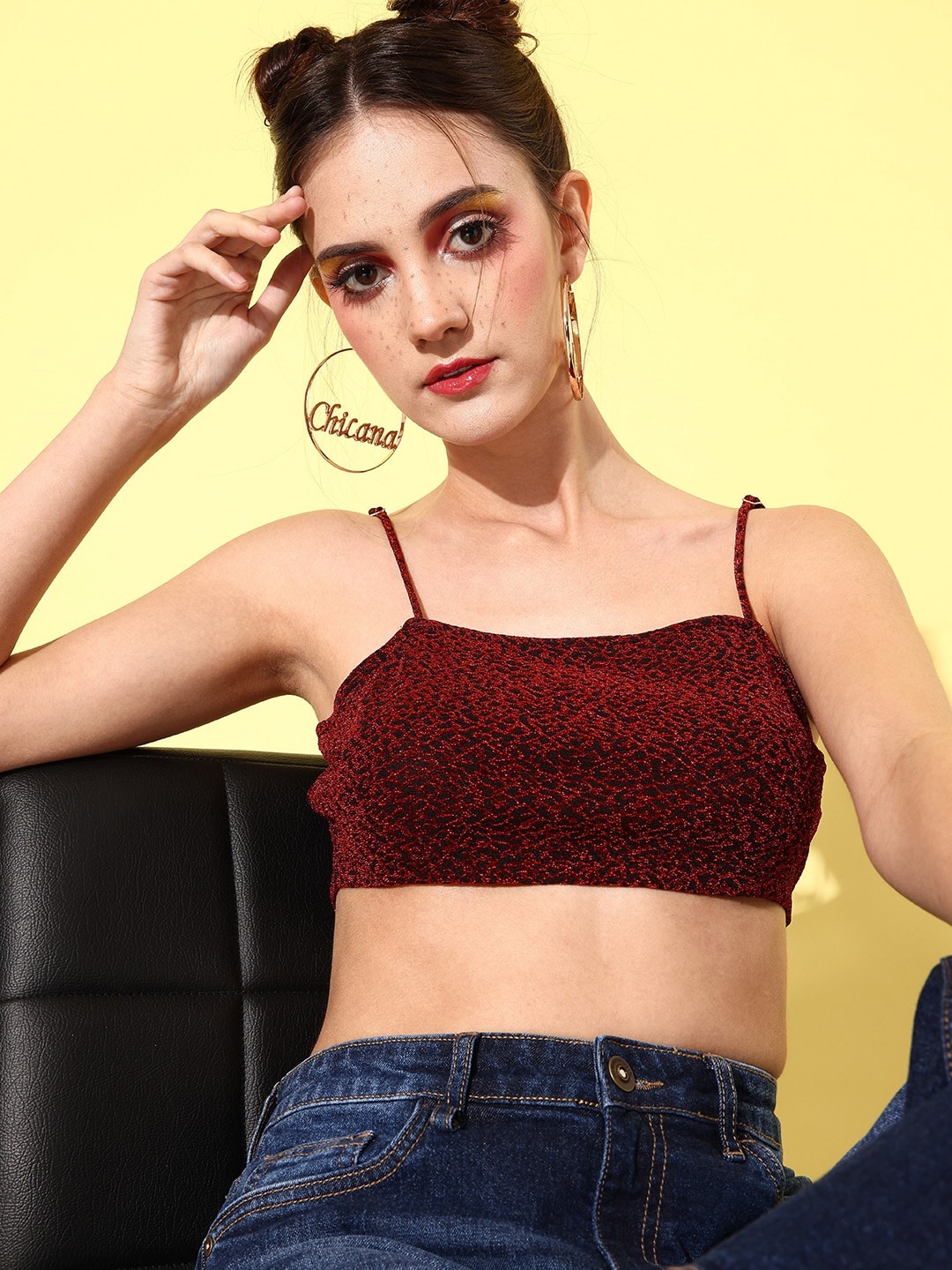 

DressBerry Women Black & Red Self-Design Bralette Crop Top