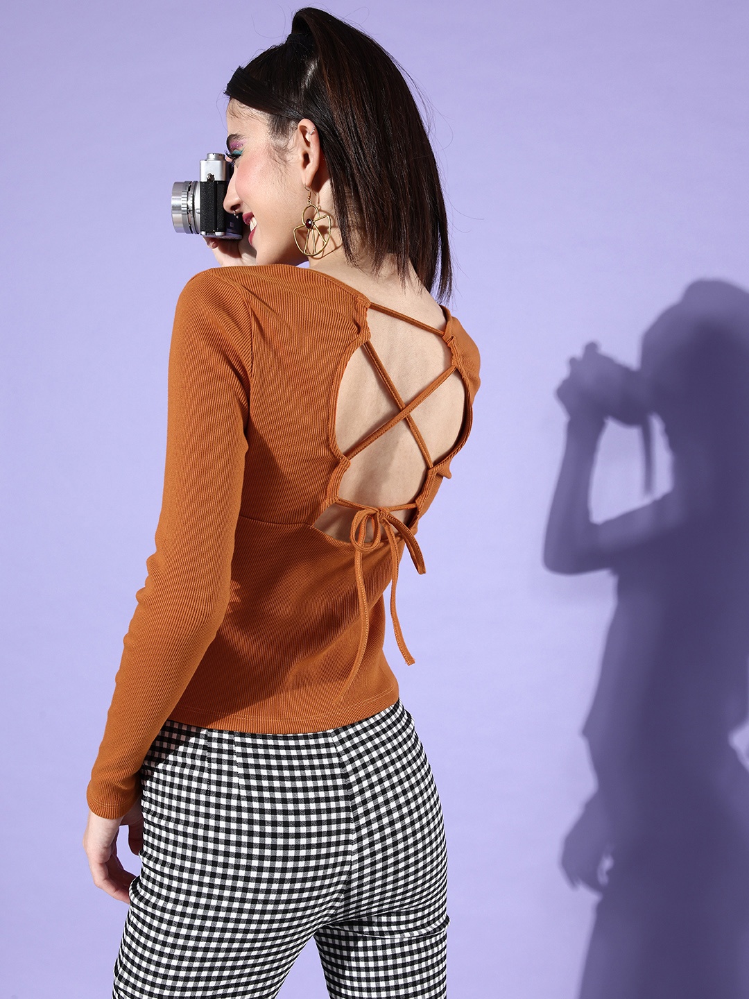 

DressBerry Women V-Neck Styled Back Tie-Up Detail Fitted Top, Rust
