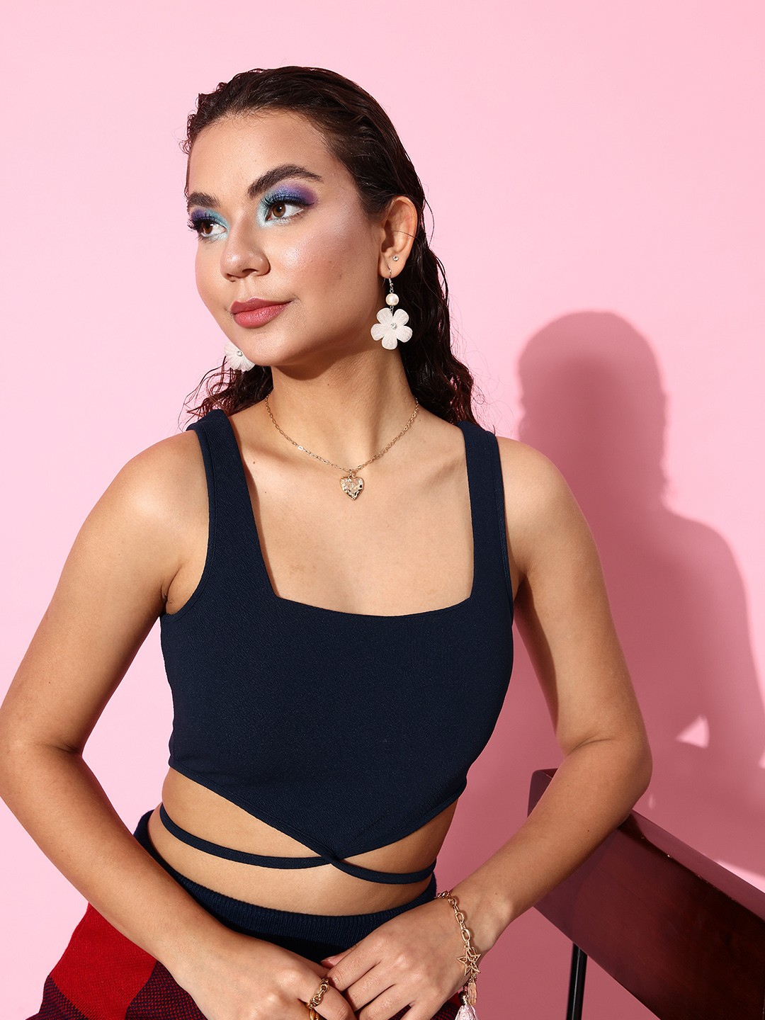 

DressBerry Fitted Sleevless Crop Top With Waist Tie-Ups Detail, Navy blue