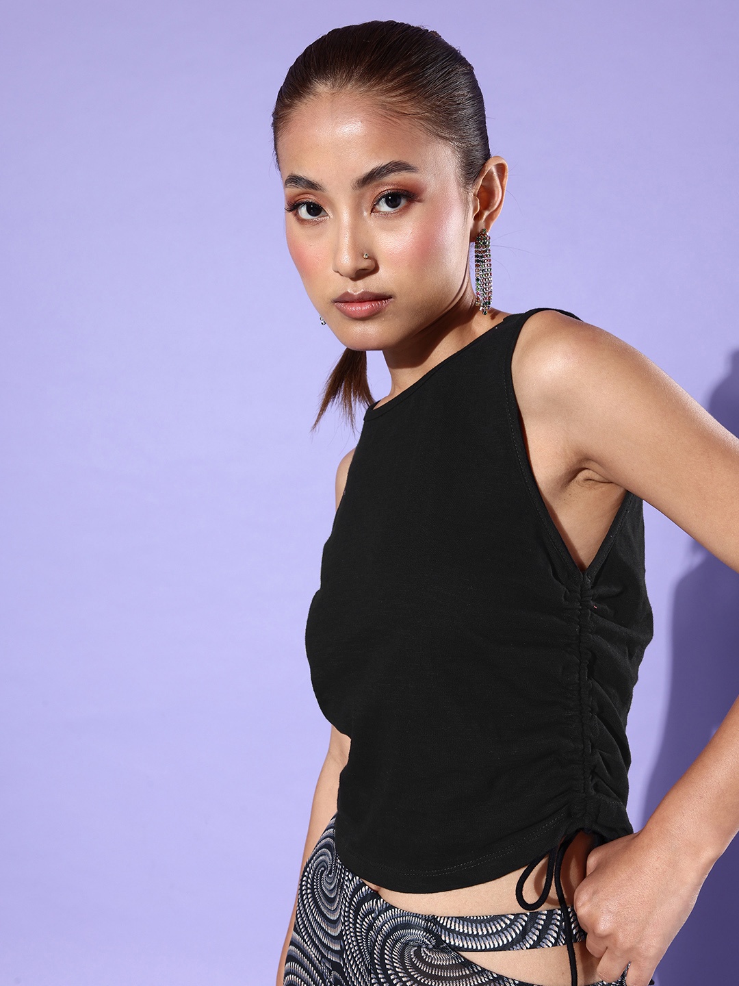 

DressBerry Pure Cotton Top With Waist Tie Ups Detail, Black