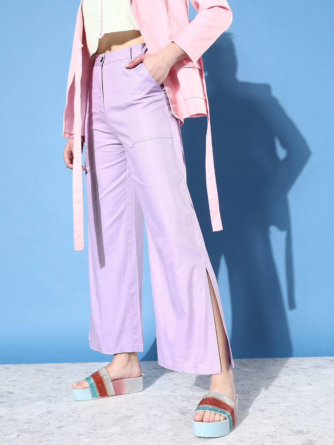

DressBerry Women Pure Cotton Lavish Lavender Flared High-Rise Trousers With Slits
