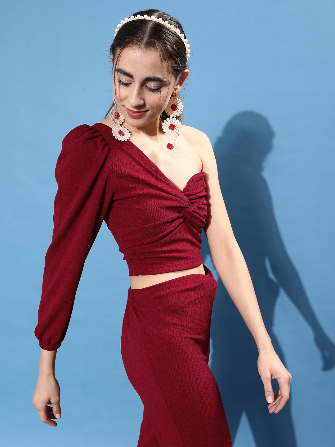 

DressBerry Solid One Shoulder Bishop Sleeves Twisted Fitted Crop Top, Maroon